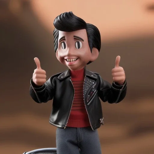 wide view young Fonz with black hair greaser figure doll 1987 (thumbs-up) (face) Forehead grin, fonzarelli, ((arnold's drive-in)) fonzie