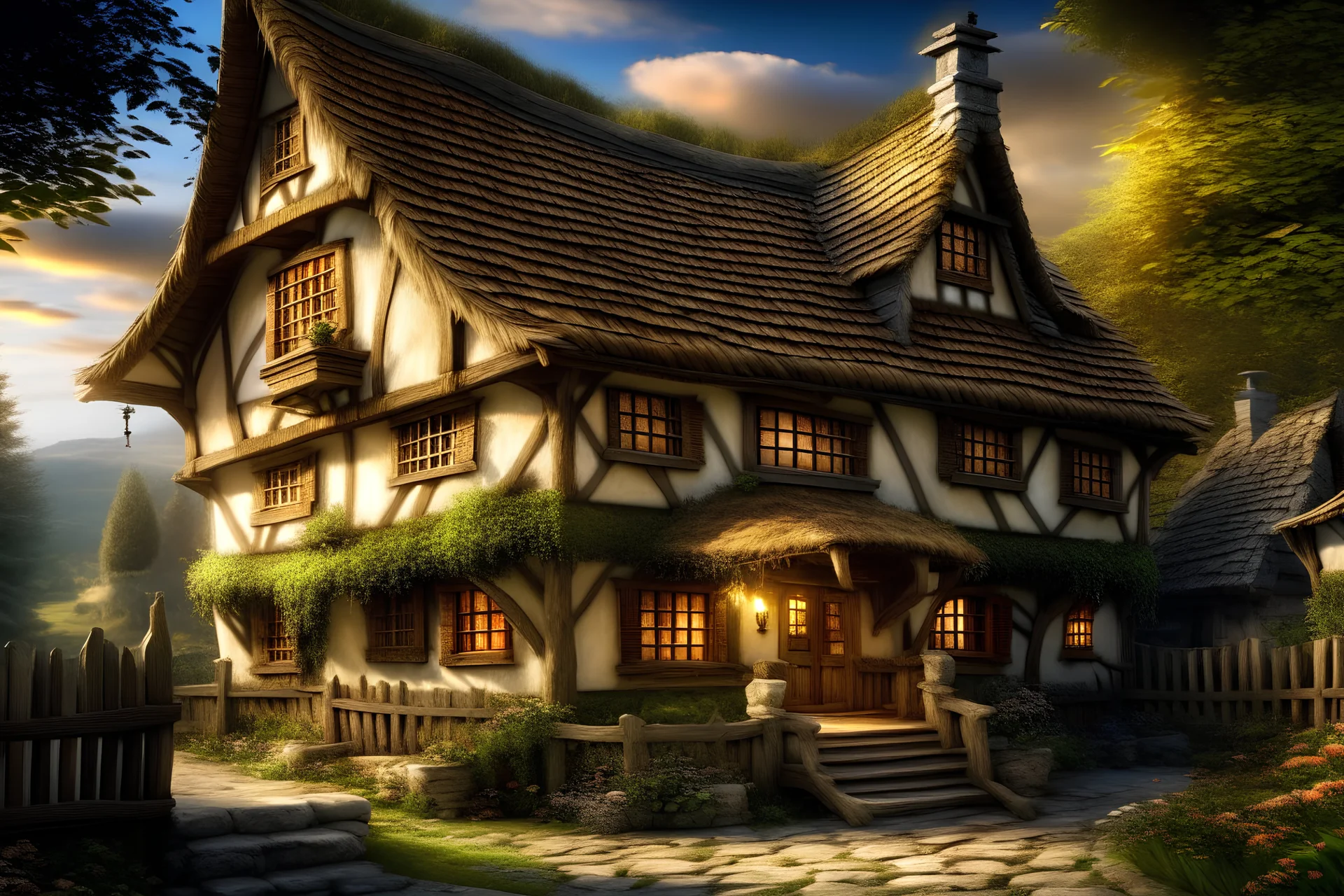 An image depicting a picturesque, richly detailed traditional thatched house with a rustic charm, similar to the work of masters such as Josephine Wall or Tomasz Alen Kopera. The house should have a warm white facade with visible texture, perhaps reminiscent of a plaster finish, and a thick straw-colored thatched roof with signs of natural weathering, as well as a couple of distinctive, textured chimneys with red tiles and white tops. The house should feature small, symmetrical windows with a cl