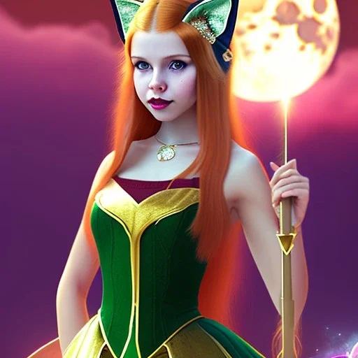 Attractive teenage girl with golden red hair, who is dressed like a witch casting a spell with a quarterstaff on the moon, she has cat ears, green eyes looking at the moon, has a normal nose, background is realistic space, the girl is on a planet, goth girl dress, full body portrait, arm colors gradient effect into stars, rendered, unity 3d, unreal engine, dslr, hdr, 4k, edited, photorealistic, normal number of appendages, freckles, artists rendered