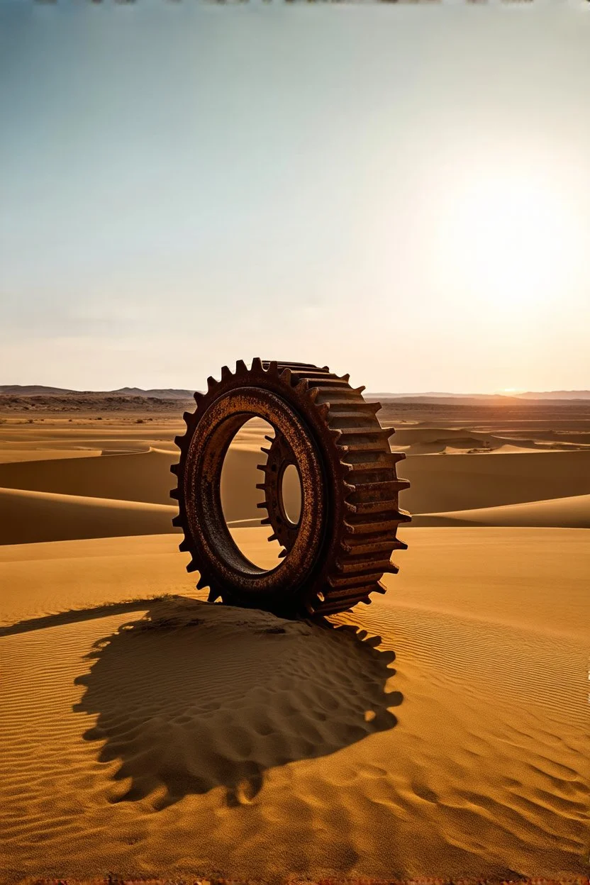 drone view, desert sunrise behind a large rusty cogwheel standing in sand and shadow of the wheel looks like a curved backbone part of giant sandworm monster with jagged backbone fins, large open space, dramatic, cinematic, great shadows, amazing contrasts