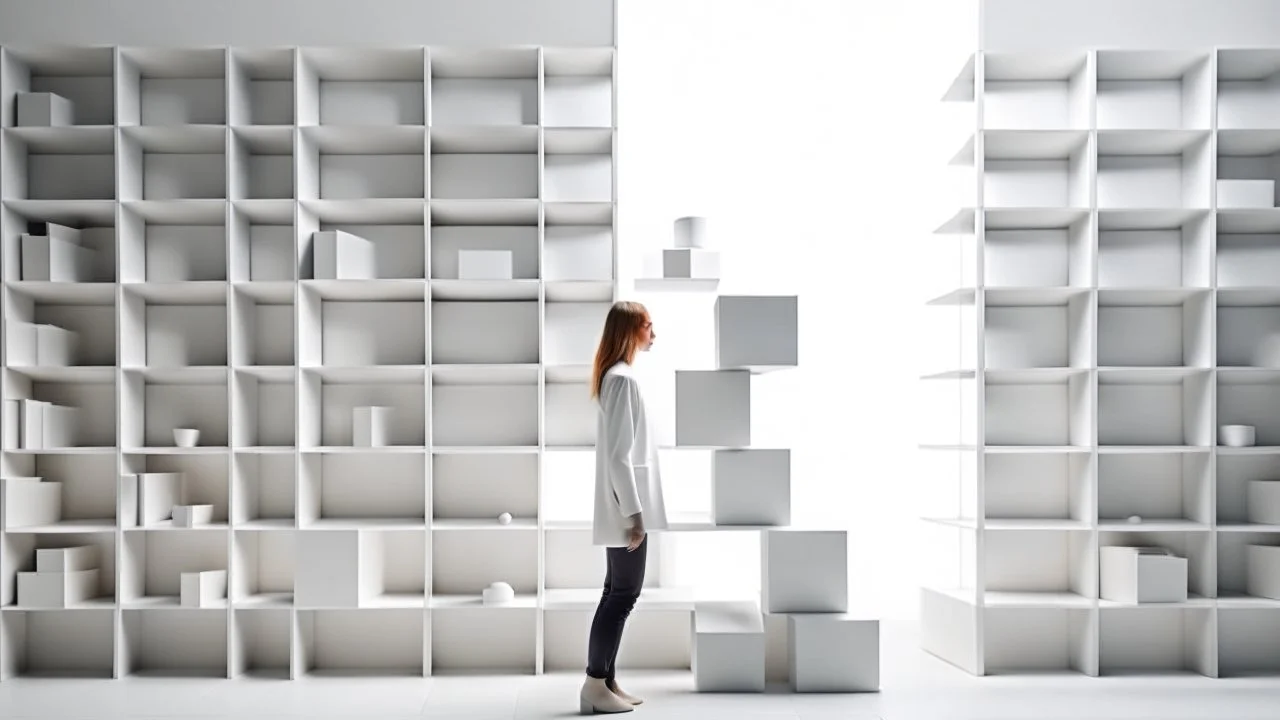 plain blank A modern, minimalist interior with a person standing on a raised platform, surrounded by geometric shapes and shelves with decorative objects white mockup object