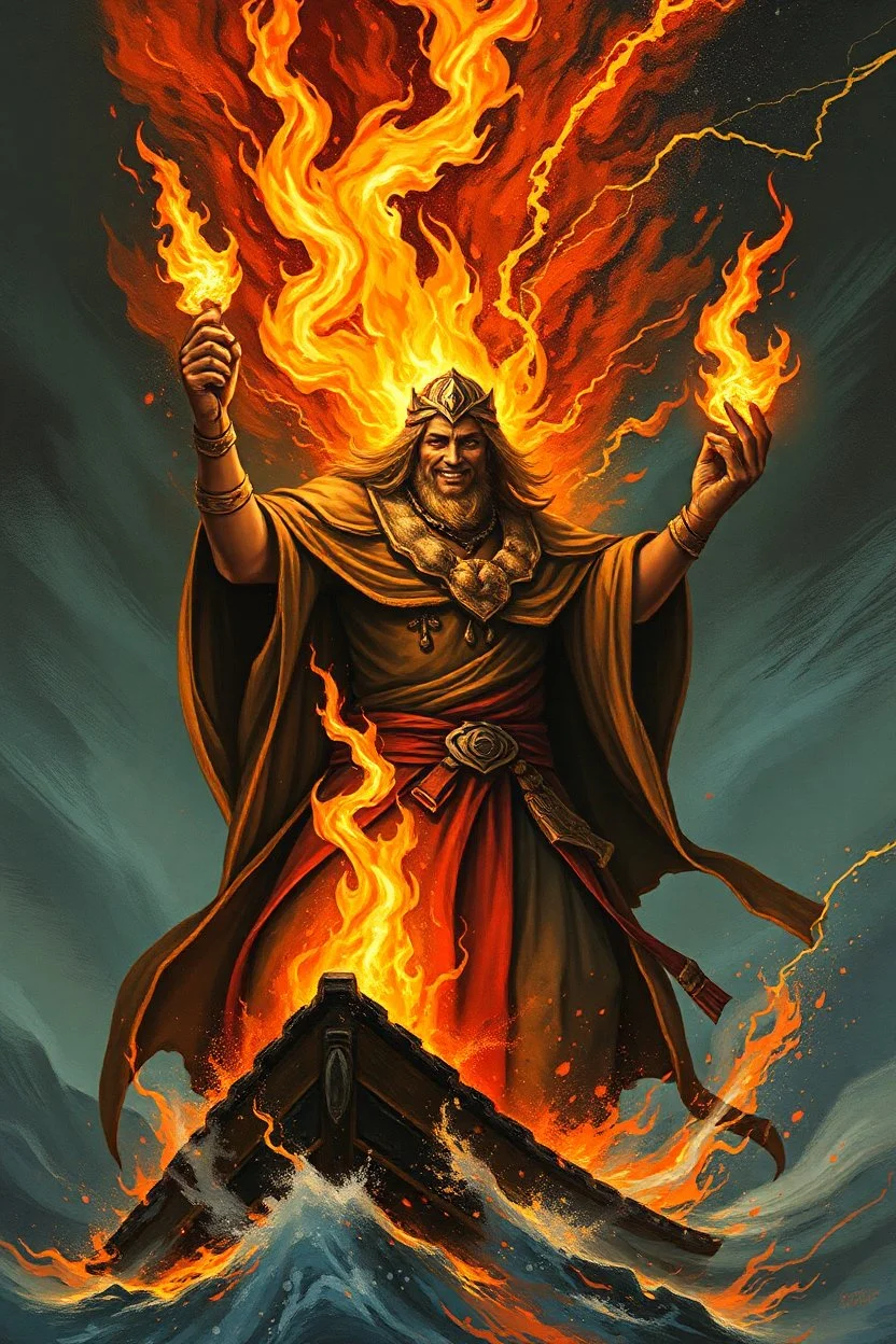 “With torch in hand, he set ablaze the vessel of his kin, His smile widening to a grin most infernal. Dareth and Lyssa beheld his shadow, immense and dread, An aura of silent thunder and chain-lightning encircling him.”