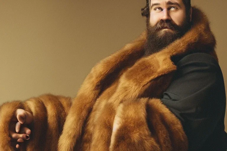 Bearded strong man wearing a thick fur-lined merchant's coat, wearing gold rings, divine, halo