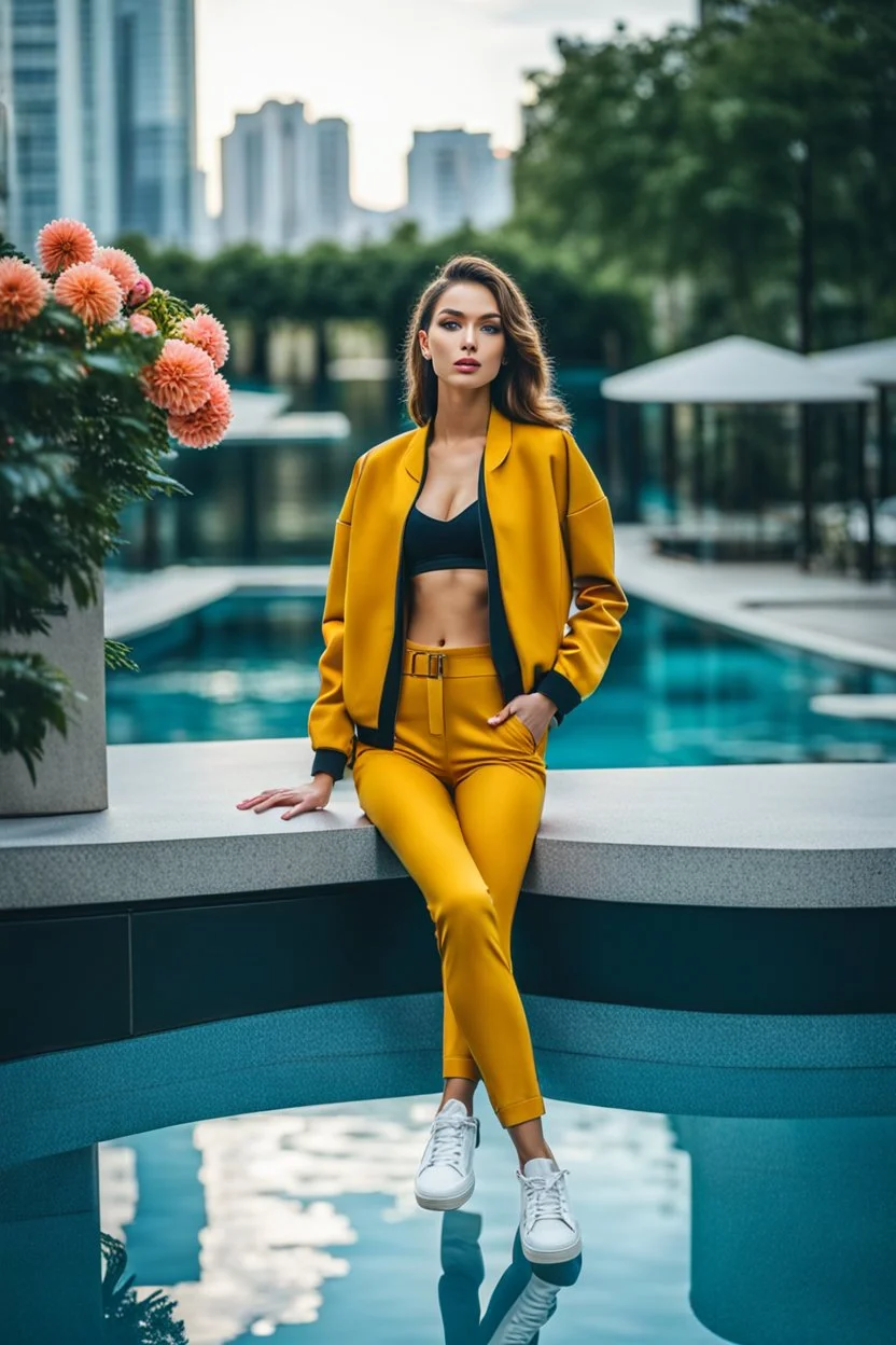 fullbody shot of young-beautiful-girl-with-a-perfect-face-with-make-up-wearing- sport pants and jacket standingnext to a big Square with a flowers and small round pool with clean water in center , modern city scape environment .