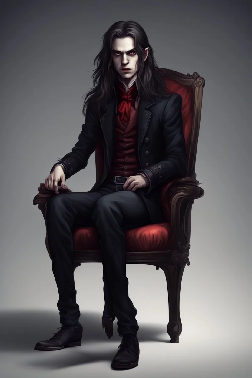 ragazzo vampiro di bellissimo aspetto giovane seduto su una poltrona con capelli lunghi stile realistico