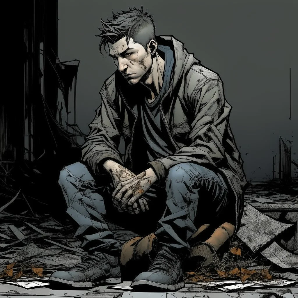 man, ethan hawk, sitting, comic book, post-apocalypse, grey background, illustration,