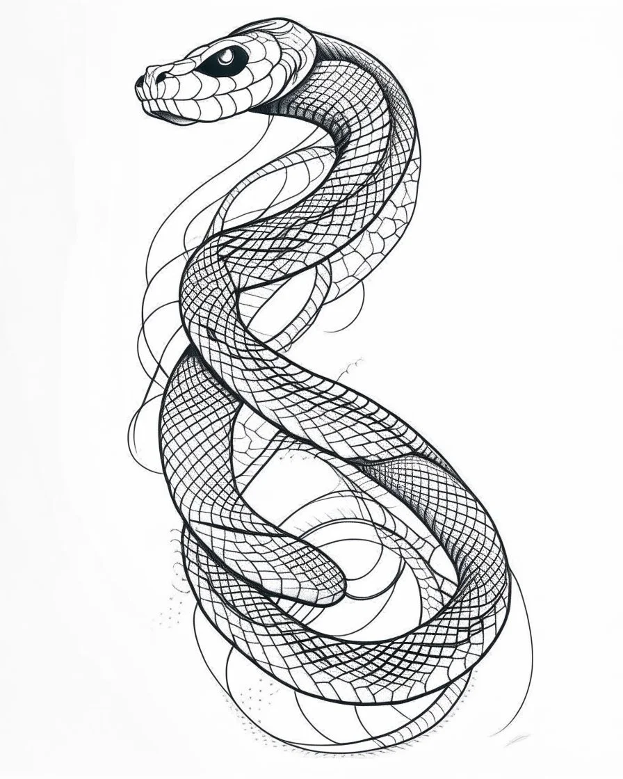 realistic minimalist snake tattoo idea, line art, background, vector, svg, black outline on white background, leave plenty of white space beetween lines for coloring, tattoo style, tattoo idea,full body