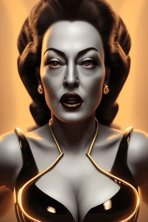 Joan Crawford as evil queen in black leather, busty, cleavage, dominatrix, curvy, angry, stern look. unreal 5, octane render, cinema4d, dynamic lighting, dramatic lighting, 4k, redshift render, highly detailed, hyper realistic,anthropomorphic