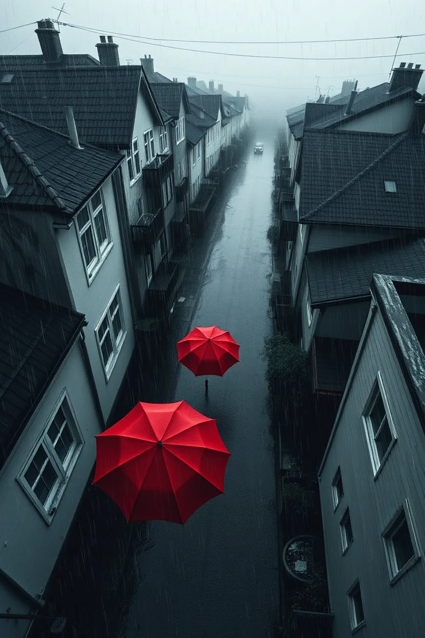 top-down view of a grayscale wet city street with houses, rain, 1 red umbrella, surreal style, dark mood