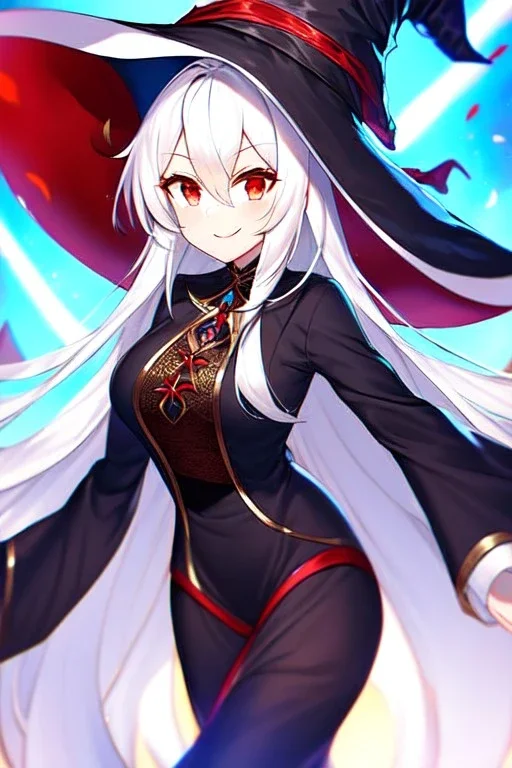 girl, masterpiece, best quality, volumetric lighting, dynamic pose, detailed outfit, perfect eyes, long hair, white hair, red eyes, witch outfit, smile, angry,