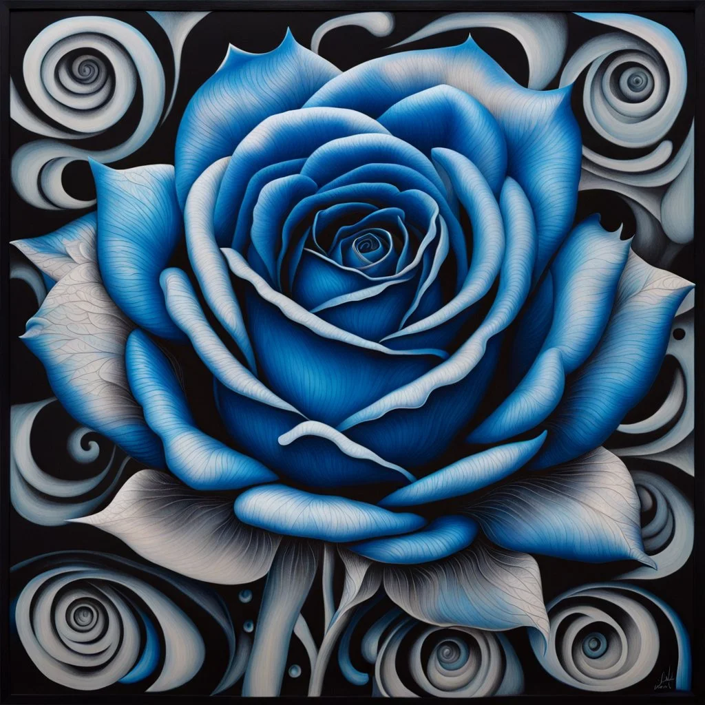 A detailed high quality surreal painting of a delicate, shimmering single blue animorphic rose that had a small pretty face in its petals, pouting, background is a blurred black and white hypnotic pattern, very mod, 1960s inspired art, psychedelic, highly detailed conceptual art, mixed media collage, dark fantastical atmosphere, fine lines, dali-esc, beautiful and natural, strange art, optical illusion