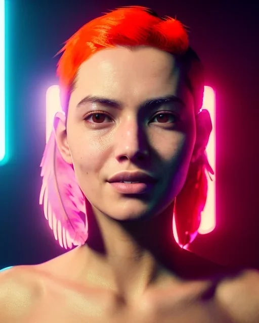 A beautiful portrait of a cyberpunk wonam smiling facing camera orange color scheme, high key lighting, volumetric light high details with white stripes and feathers unreal 5, octane render, cinema4d, dynamic lighting, dramatic lighting, 4k, redshift render, highly detailed, hyper realistic