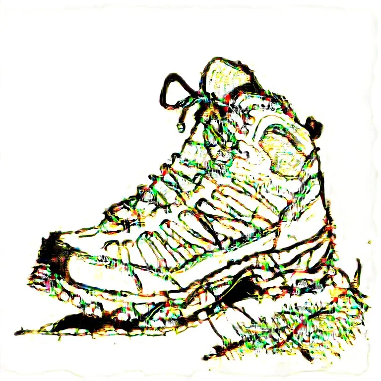 a black and white scribble sketch of hiking shoe