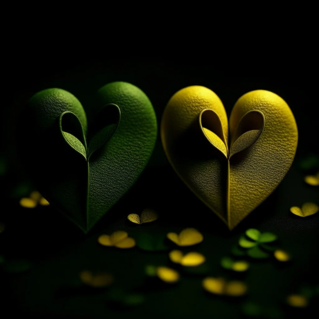 two hearts, dark green and yellow colours, romantic atmosphere