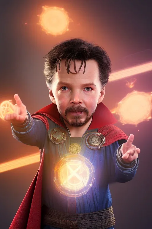 Doctor strange toddler, serious, full body, jump, bokeh, hyper realistic