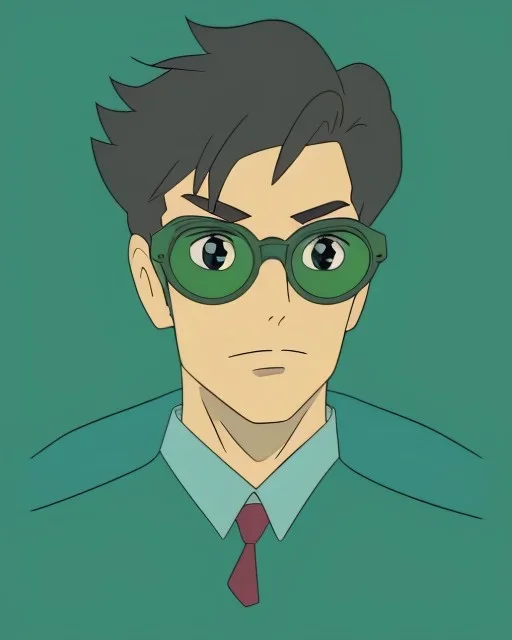Fit man in round glasses, wavy hair, stubble, slim, tie, monotone, green eyes, comic book style, two tone colours, detailed, ink, realistic, handsome, square jaw, big brows, no jacket, bird on the shoulder, spotlight