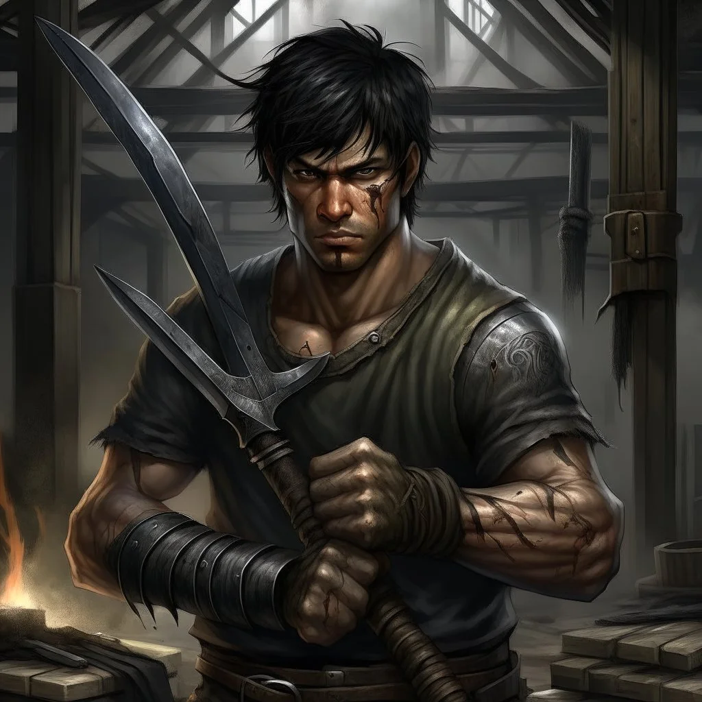 The large and furious black haired modern blacksmith "Big K" grimdark realistic apocalypse survivor