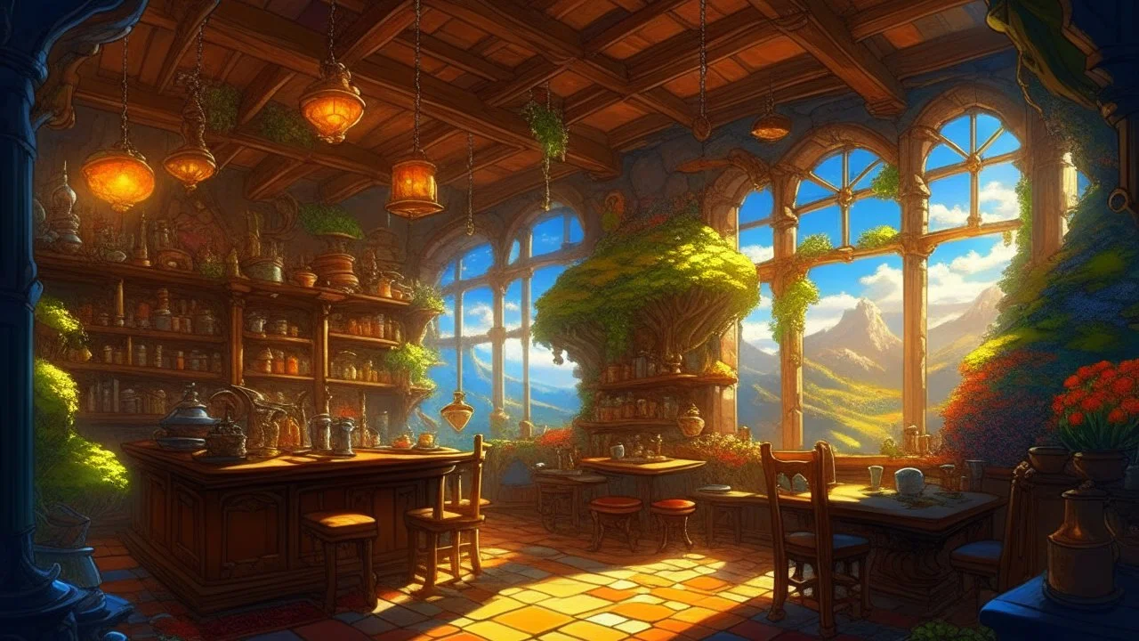 fantasy cafe, extremely detailed oil painting, unreal 5 render, rhads, bruce pennington, studio ghibli, tim hildebrandt, digital art, octane render, beautiful composition, trending on artstation, award-winning photograph, masterpiece