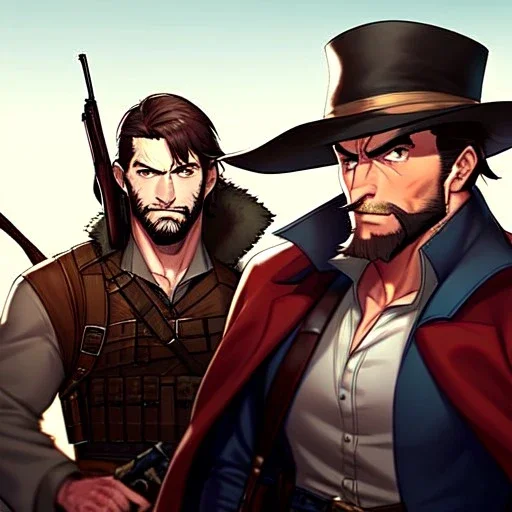 Portrait, Bearded, gunslinger, short brown hair, serious eyes, wild west Coat,