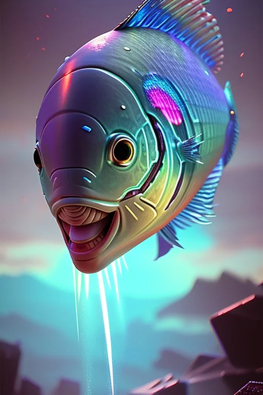 Rainbow Fish, beautiful, cyberpunk, realistic, intricate detail, sci-fi, volumetric lighting