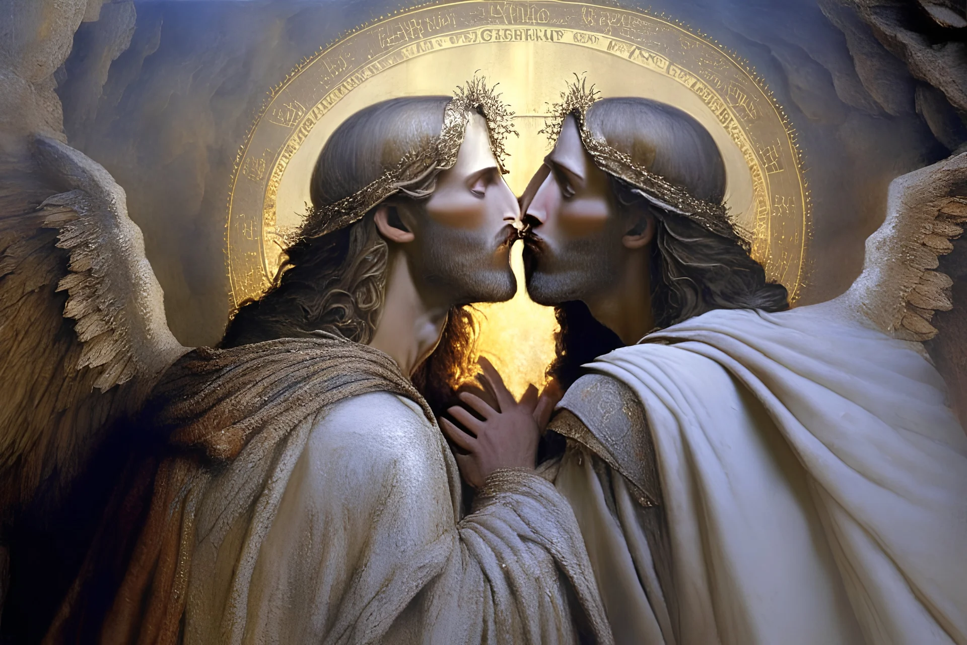 egy másik szakállas férfival jézus smárol and gloriás Jesus Christ flirtatiously kissing picture, rich in detail. They were loosely dressed. They are very much in love with Jesus On the edge of the abyss, where the eternal abyss is and everything is embraced around them by beings of light. There are also ape-men and big black shadows with hoods and stoles. 4K Blurred image of Jesus with a monkey head