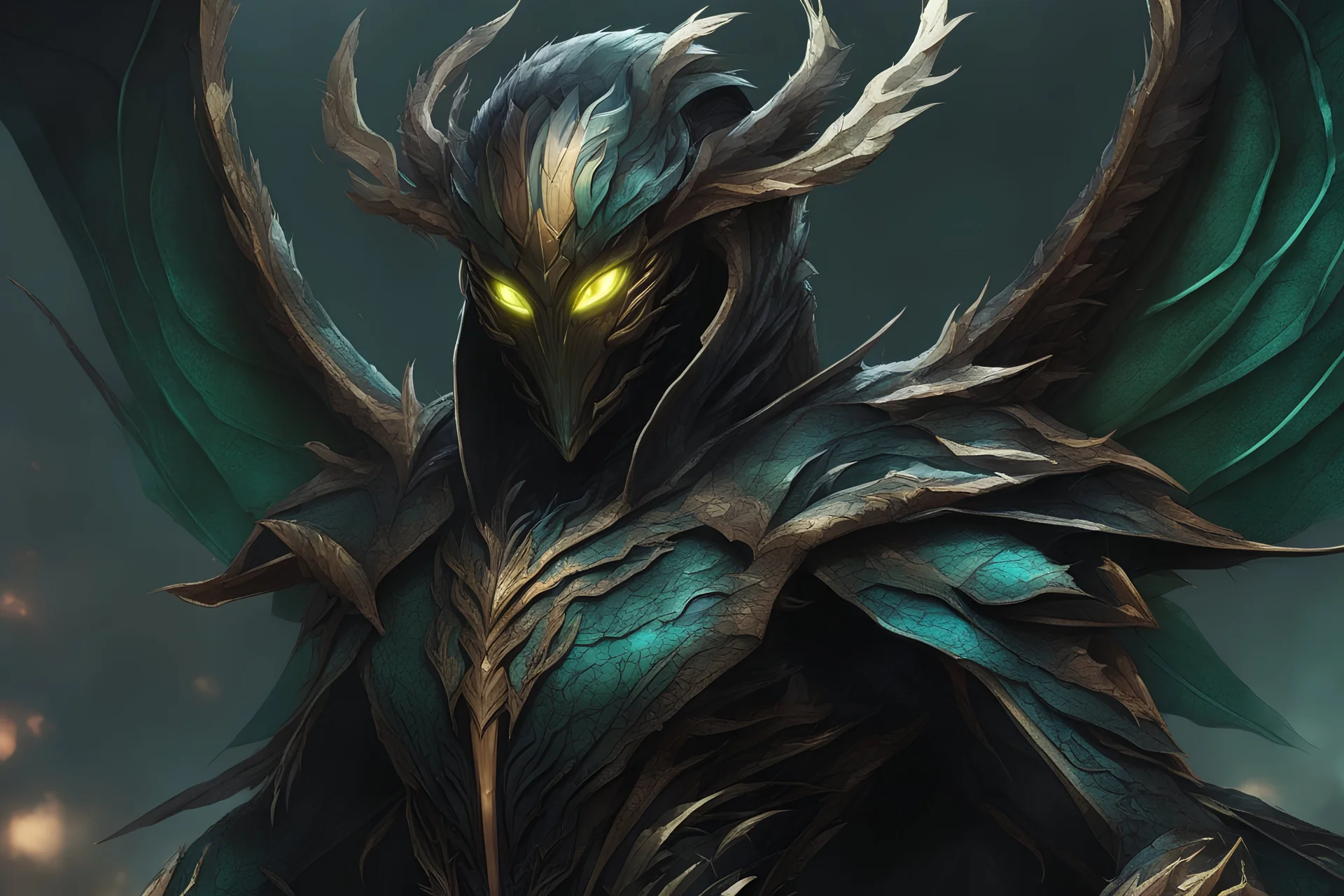 A horrible monstrosity with a human like face, large black wings, mantis like arms, scorpion tail, and a large eye in the center of its chest in 8k solo leveling shadow artstyle, machine them, close picture, rain, intricate details, highly detailed, high details, detailed portrait, masterpiece,ultra detailed, ultra quality
