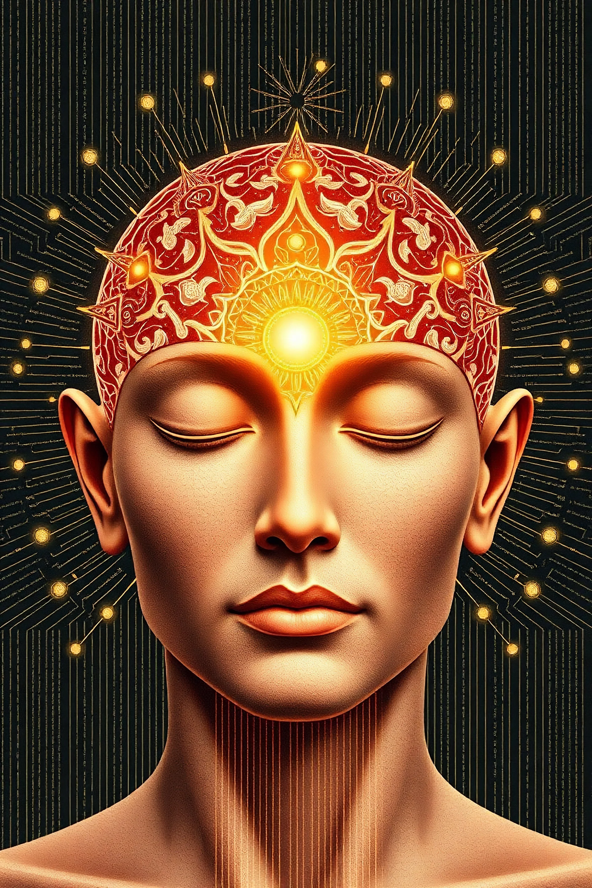 the human face and mind of the code. meditation, Front view