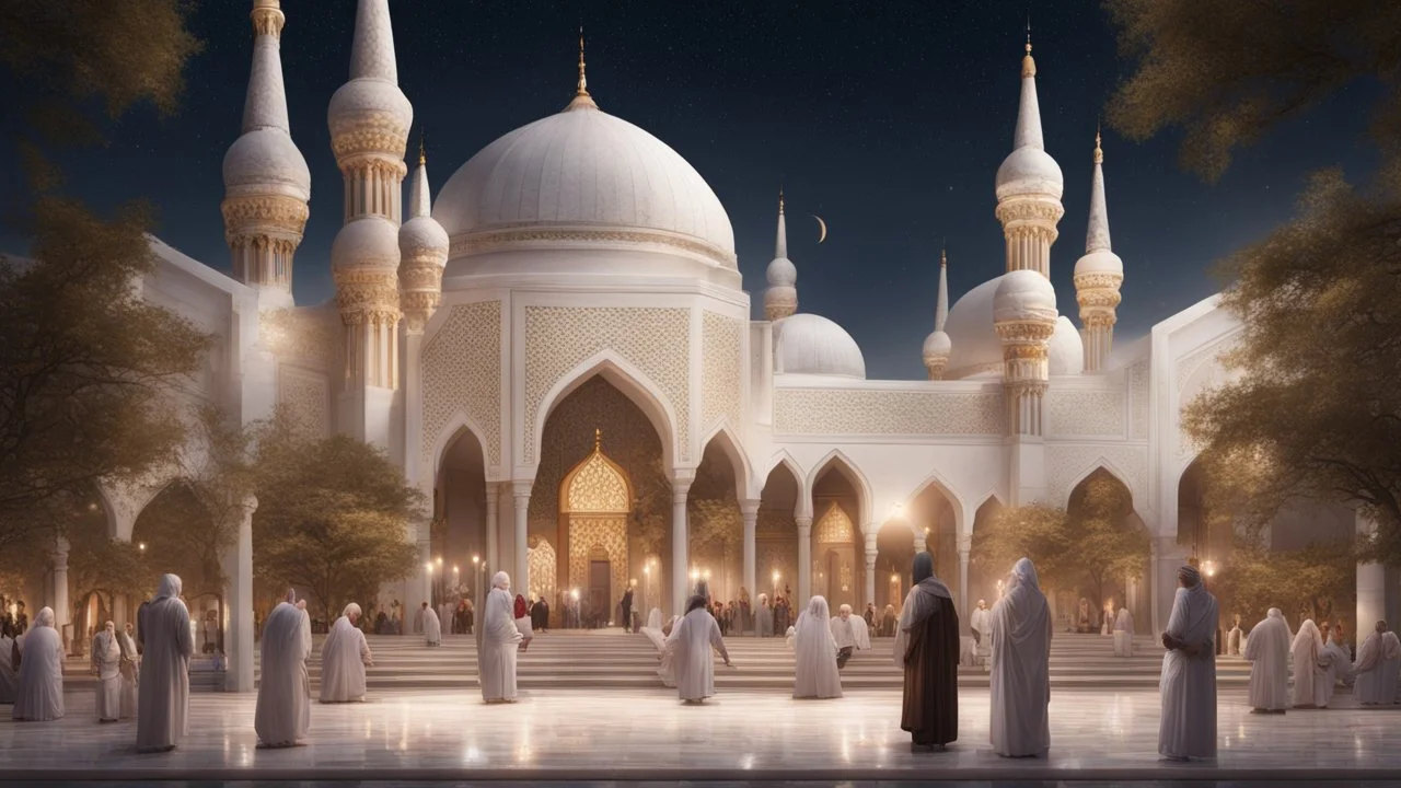 Hyper Realistic people worshiping outside Beautiful-Grand-Brown-Decorated-Mosque with white-marble-fences & Beautiful-Lightings-Decorations at night with stars on sky & beautiful trees