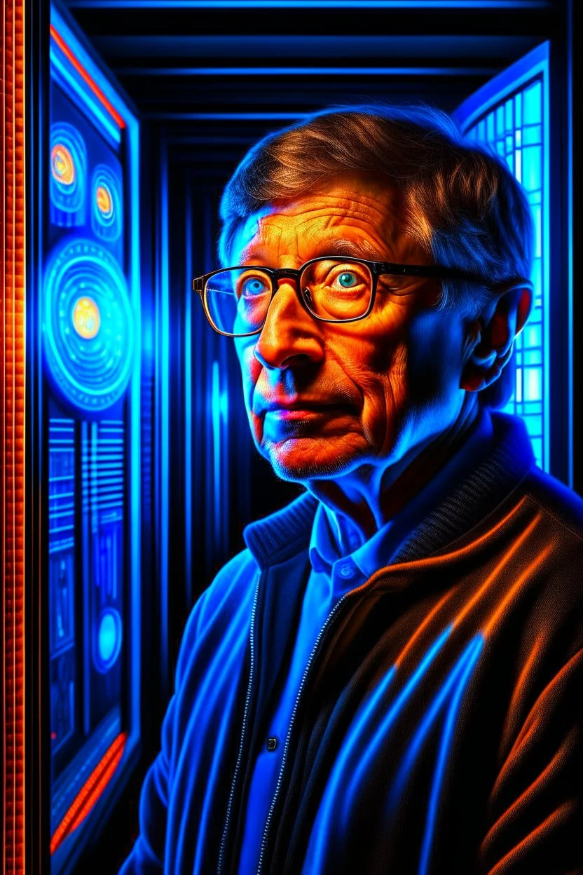 bill gates with a dna patent in the style of giger, spray paint, photo realism, trending on art station, 8k, depth of field, down light, light rays, volumetric, white hall in spaceship, blue, brown and orange