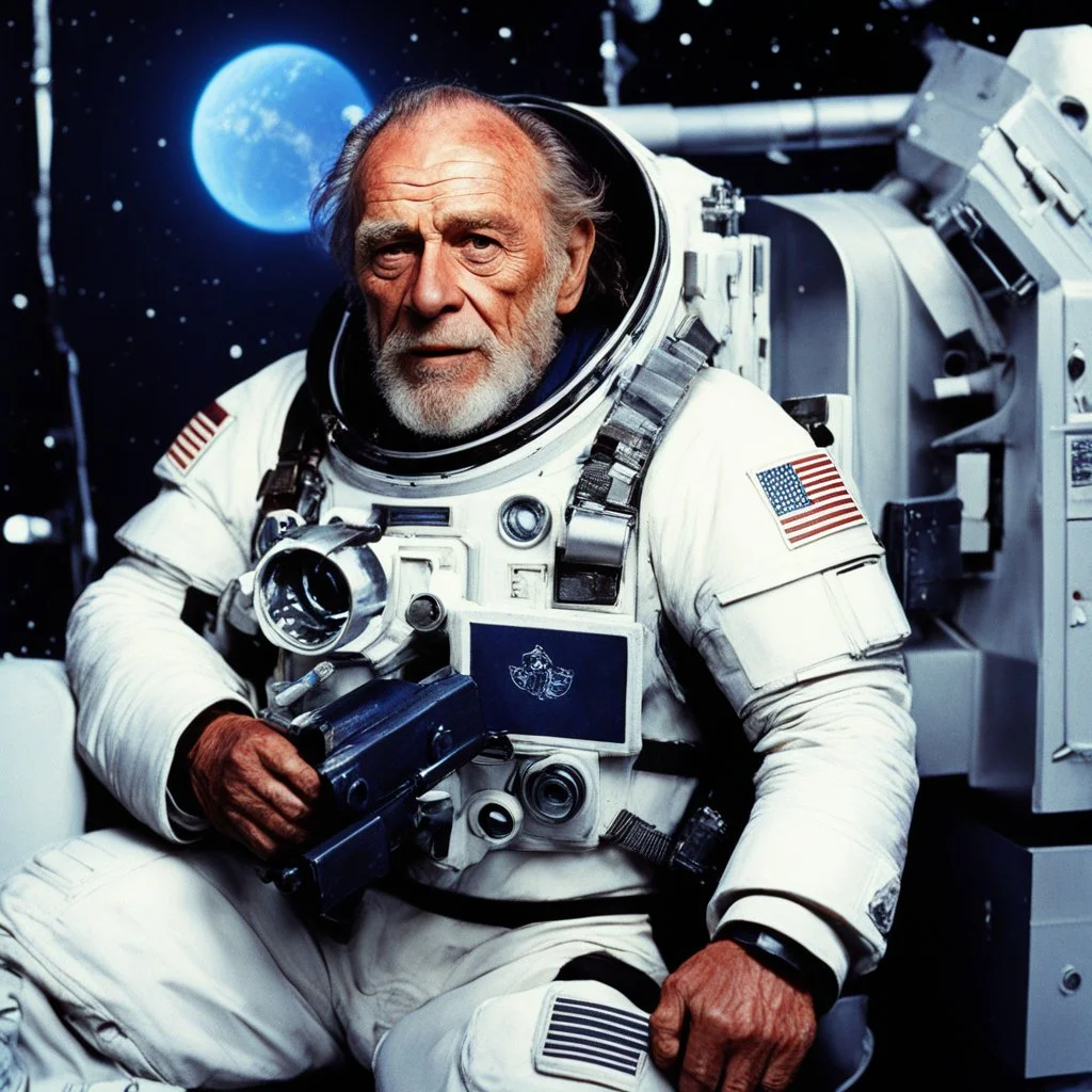 [colour high res photo] Charles Bukowski is an alcoholic astronaut: he furbishes his weapons for the ultimate fight! blaster, space shield