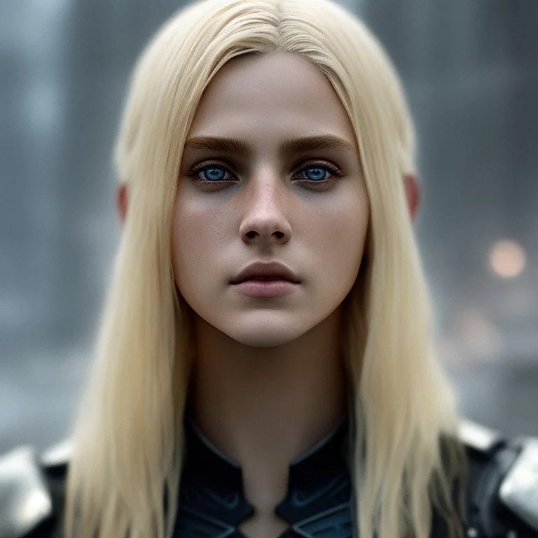 Prhotorealistic close-up of a beautiful blonde warrior with dystopian clothes and background