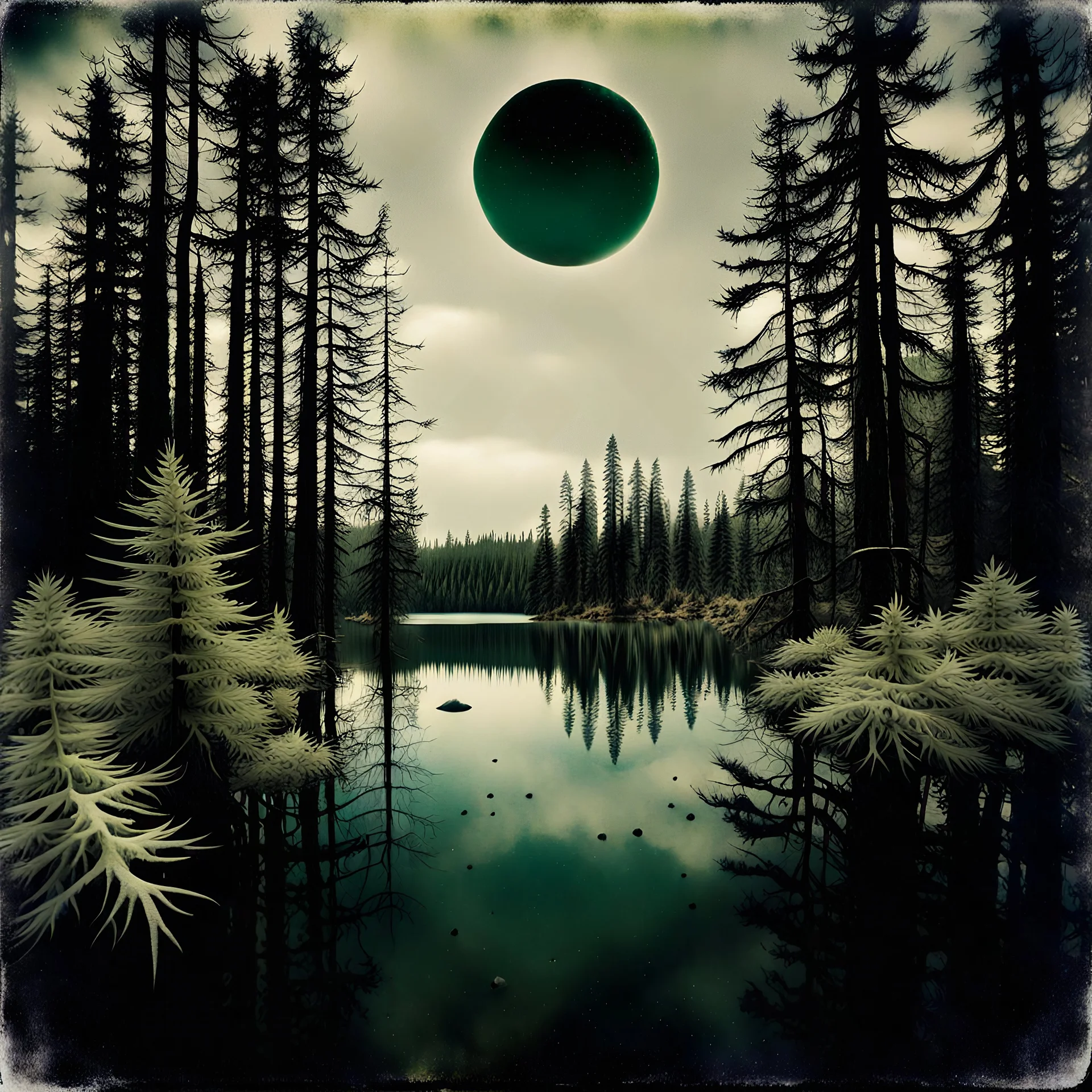 Sublime foto close-up polaroid ad alta definizione di una foresta di conifere falsa, strani mostri, un lago falso, surreale, collage art, dadaism, sublime, splimapys nero, cielo nero, acqua nera riflette un sole nero, macabre piante circondano il lago, alghe, hypermaximalist, Max Ernst style, strangeness, intricate, hypnotic, obsessive, 8k, deep 3d field, very accentuated details of the rocks, eerie, artistic photo, large format film, medium format film