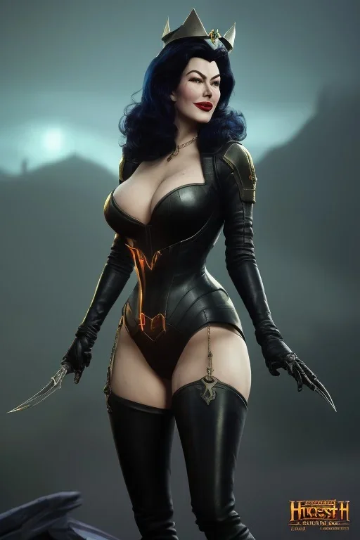 Ava Gardner as evil queen in black leather, busty, cleavage, curvy, angry, stern look. character design by cory loftis, fenghua zhong, ryohei hase, ismail inceoglu and ruan jia. unreal engine 5, artistic lighting, highly detailed, photorealistic, fantasy