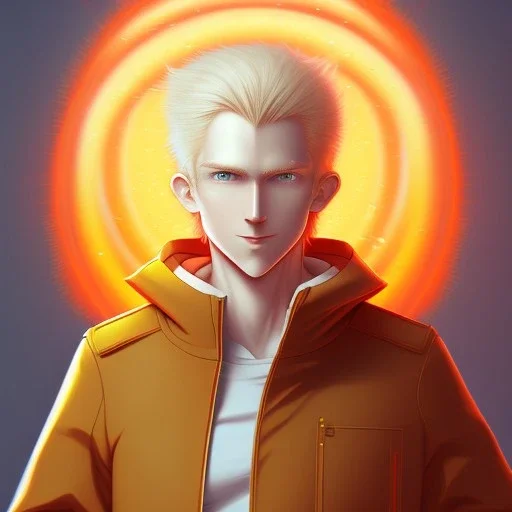 a man in a orange coat is standing in a field, blonde hair, concept art by Hiromu Arakawa, featured on pixiv, superflat, official art, anime, 2d