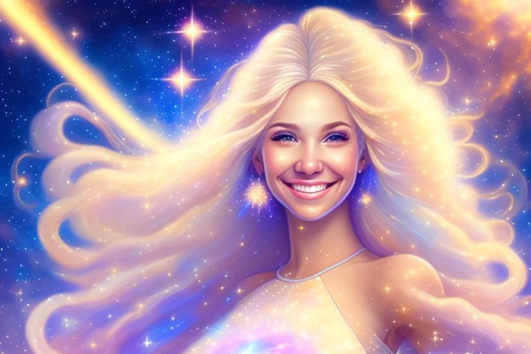 very beautiful cosmic women with white long hair, smiling, with cosmic dress and bright earings. in the background there is a bautiful sky with stars and light beam