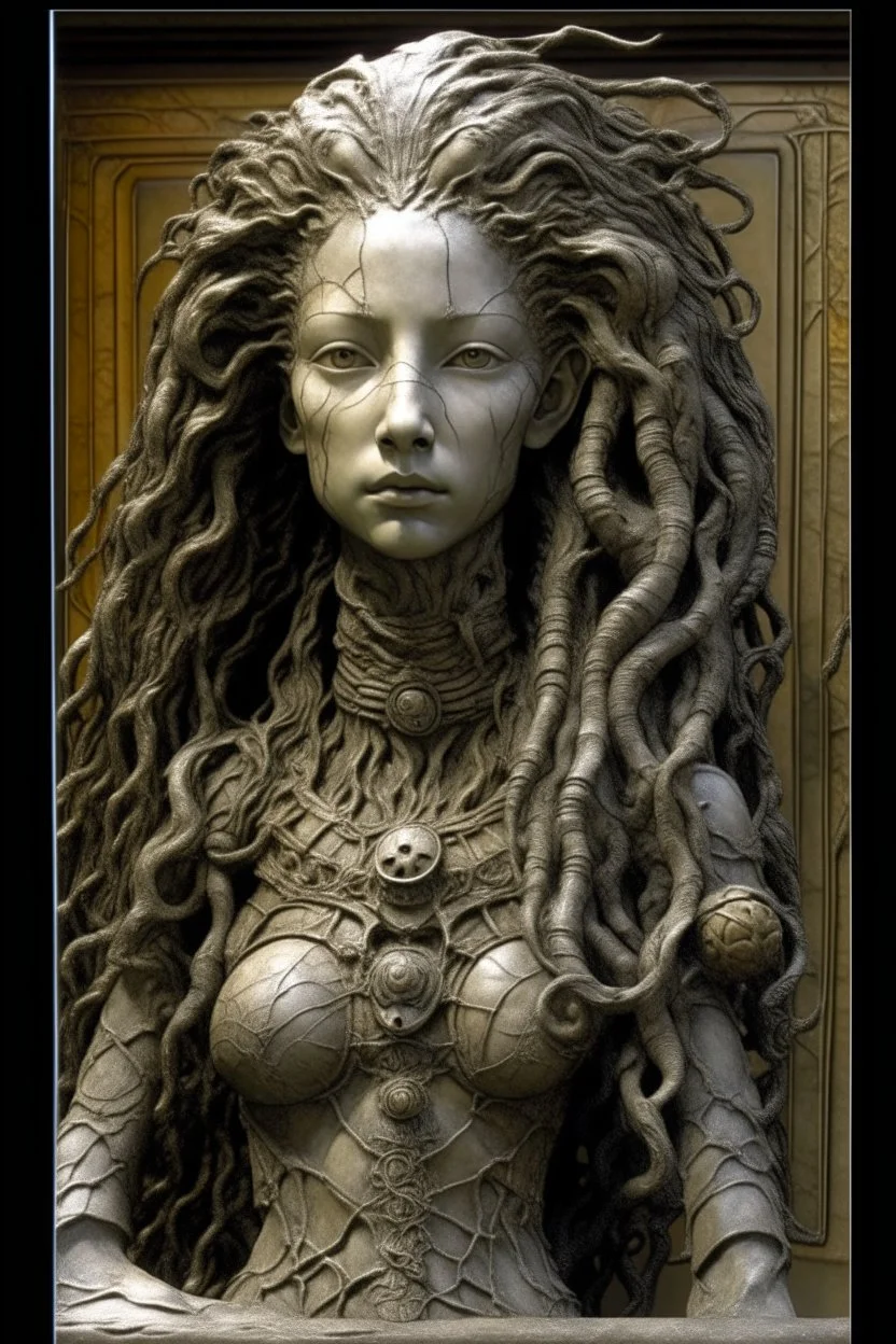 sculpture of handsome girl with long curly hair and a lion , half the f his body , front view . decayed and rotting with grotesque proportions and imagery. abstract grotesqueries, detailed texture, surreal horror, biomechanical design, by hr giger and beksinski