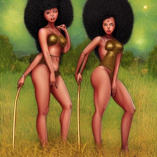 Biologically Female African American Twins, black skin, tall and slender, long afro kinky hair,big brown eyes, long eyelashes warrior wear. Big butts. Gold accents on clothing. Surround by trees. Holding golden spears. Starry night