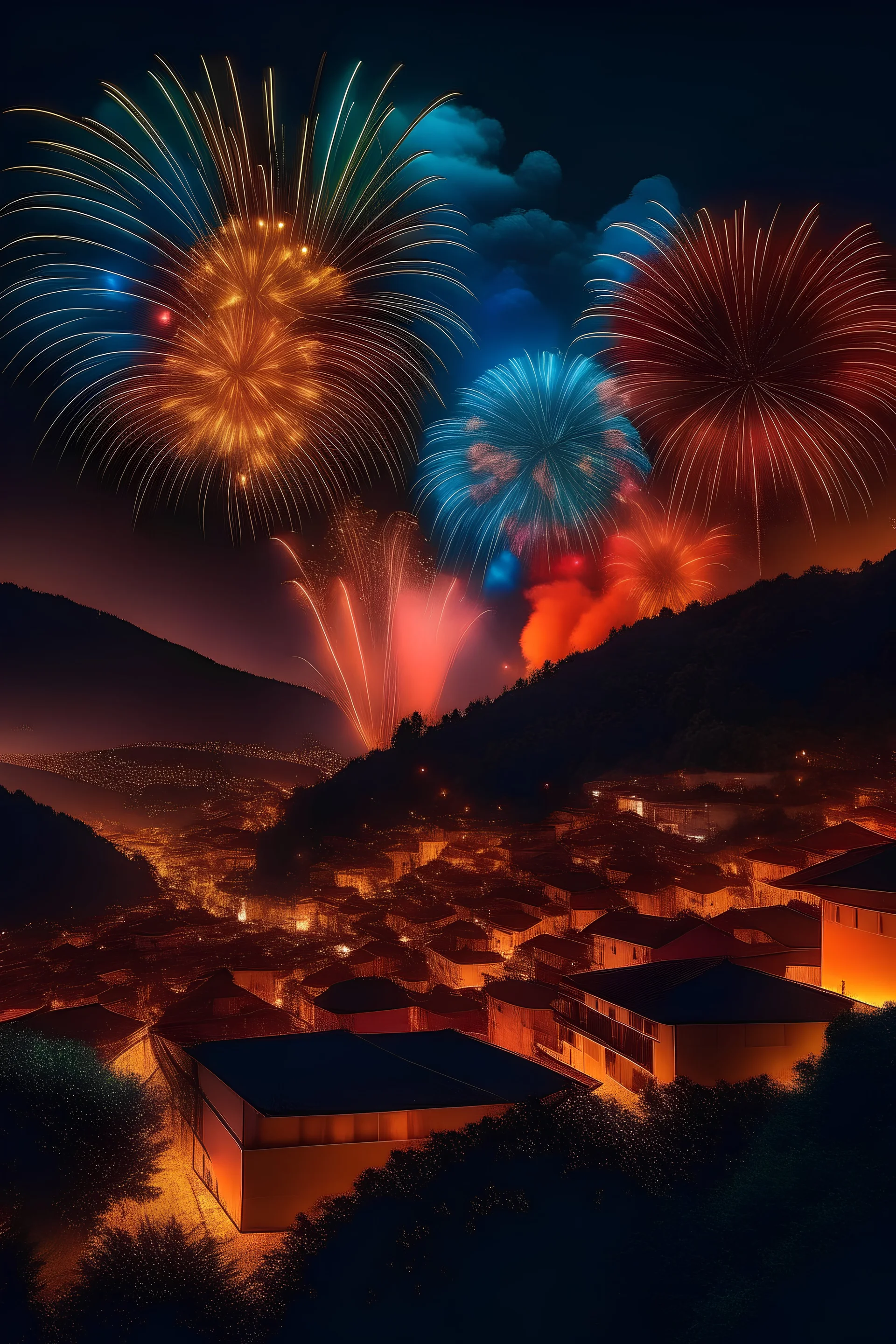 Colorful fireworks display over a mountain town