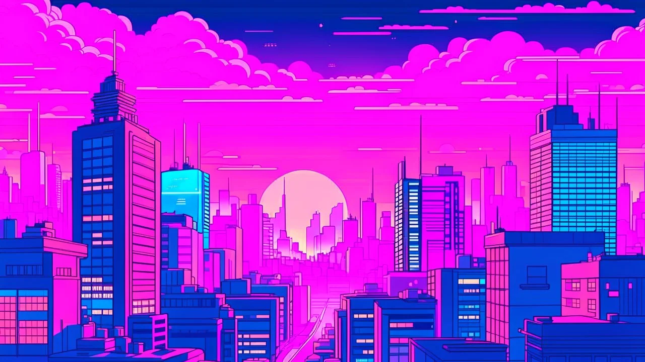 Create a high-resolution, widescreen format vector illustration of a city at dusk in a synthwave, vaporwave style with a city pop aesthetic. The image should have a dreamy, city-pop, pastel pink aesthetic. Focus on using pastel, gentle pink colors. Use a modern anime style and illustration style that is an anime style of the early 2000s so that it has a nostalgic feel. The image should have a fun, delightful city pop aesthetic. The image should have a cartoon-like, city pop appearance.