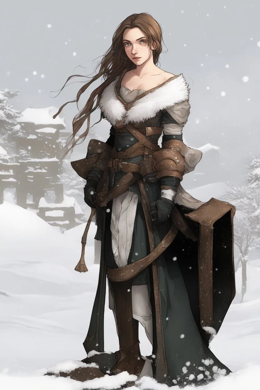 A female cleric dressed for the winter, with brown hair. Snowy background