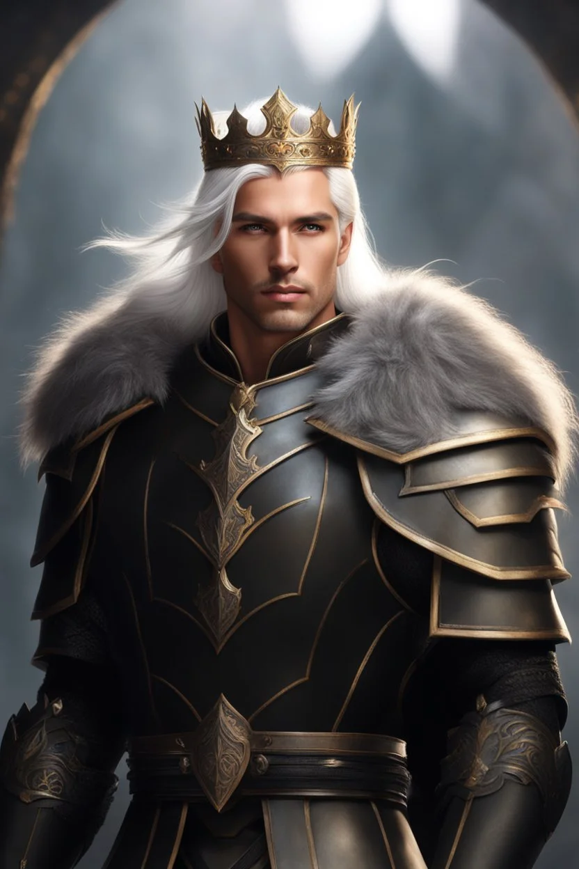 Male Tan Human, White Hair, Handsome Face, Wearing A Magical Crown, Black Heavy Armour, Dark colours theme, Dark Background