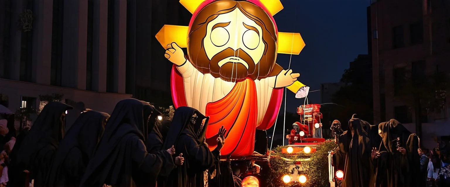 cartoonish jesus parade balloon pulled by multiple grim reapers, multi colored, bright, vivid, psychedelic, high detailed, high gloss, insanely detailed, matte, horrorcore, lining the street, unsettling contrast, monument to death, live action shot grim reaper parade, pulling a jesus parade float
