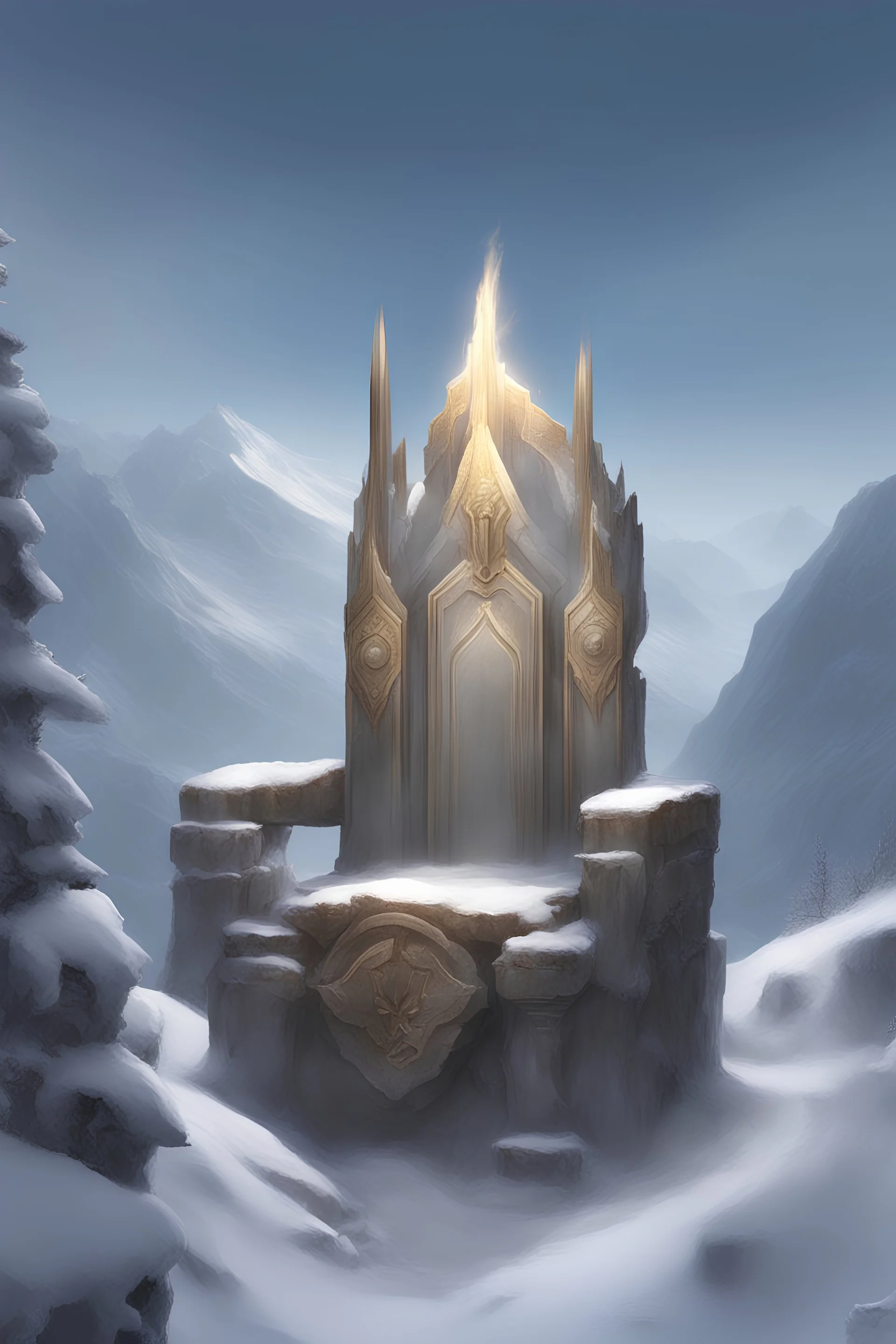 a king's throne, at mountaintop, cold and snowy, godly weather, high power, deity aesthetic