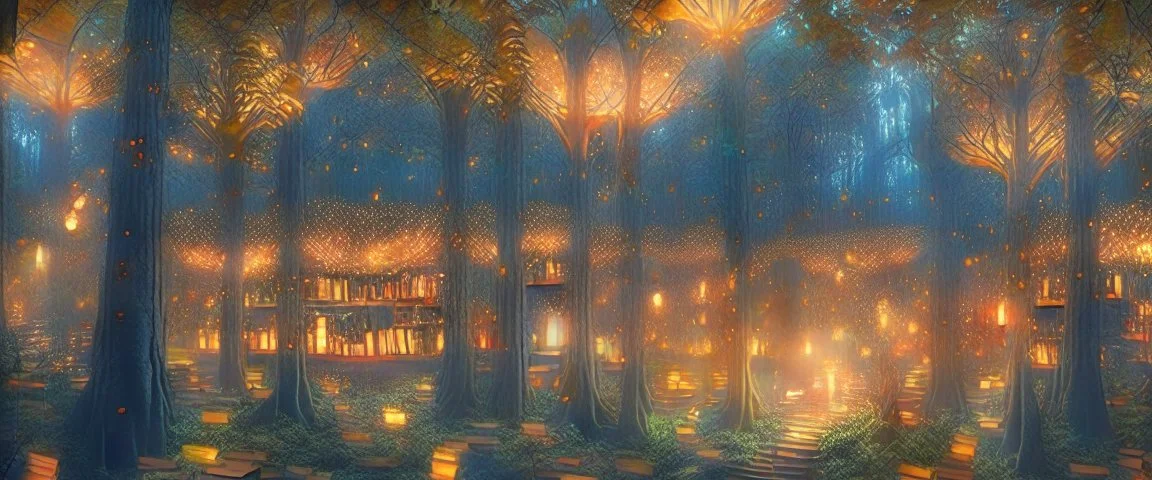 Realistic view that has warm, a huge library in forest with fireflies and orange mystic lights around trees that have wide leaves and broad trunked