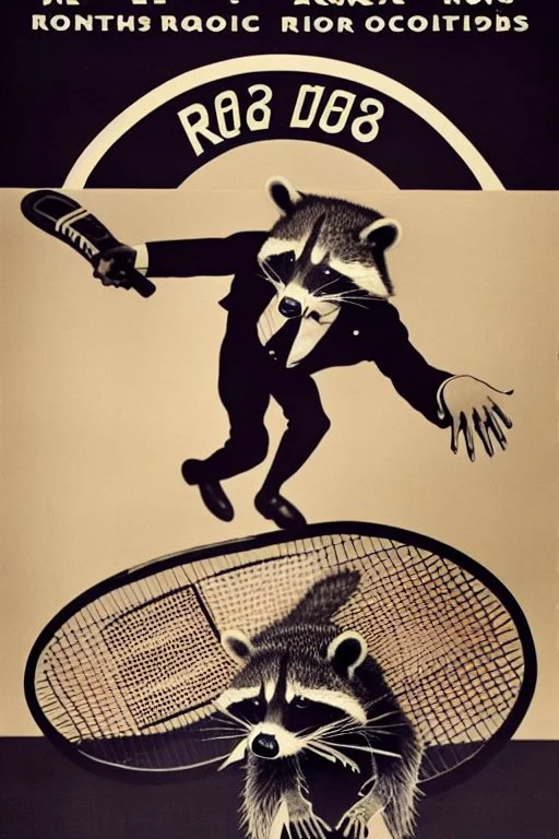 old man in 1928 poster advertising racoon tennis, raccons flying in air between tennis rackets while humans::4 use them as a tennis ball