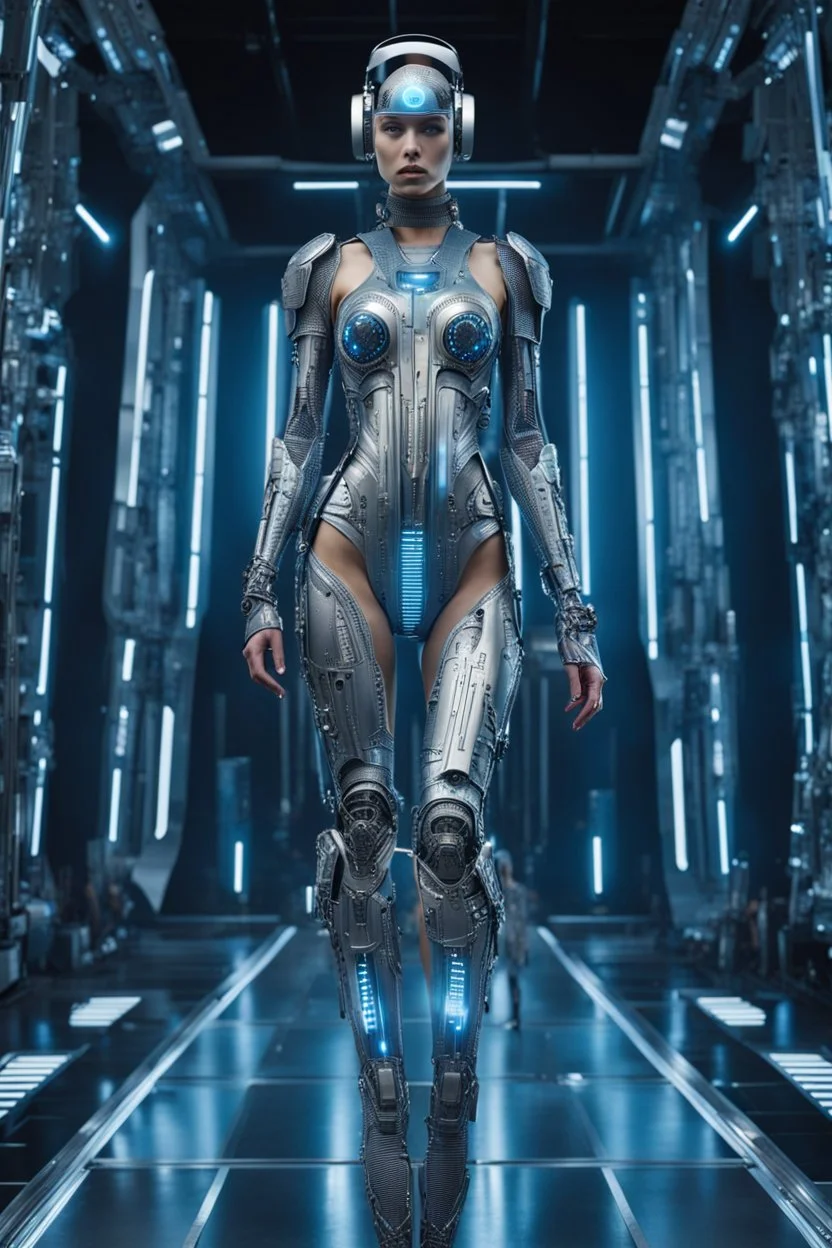 A biomechanical futuristic full body fashion model in a metal silver/blue armored dress, adorned with clear printed hieroglyphic symbols, microchip designe, futuristic headset, Fashion show background, energy, molecular, mecha, future fashion