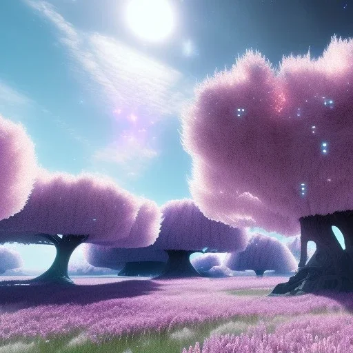 very beautiful crystal spaceship , elegant, clouds, trees, atmospheric, realistic, cinematic lighting, pink blue light, 8k, galactic atmosphere, flowers