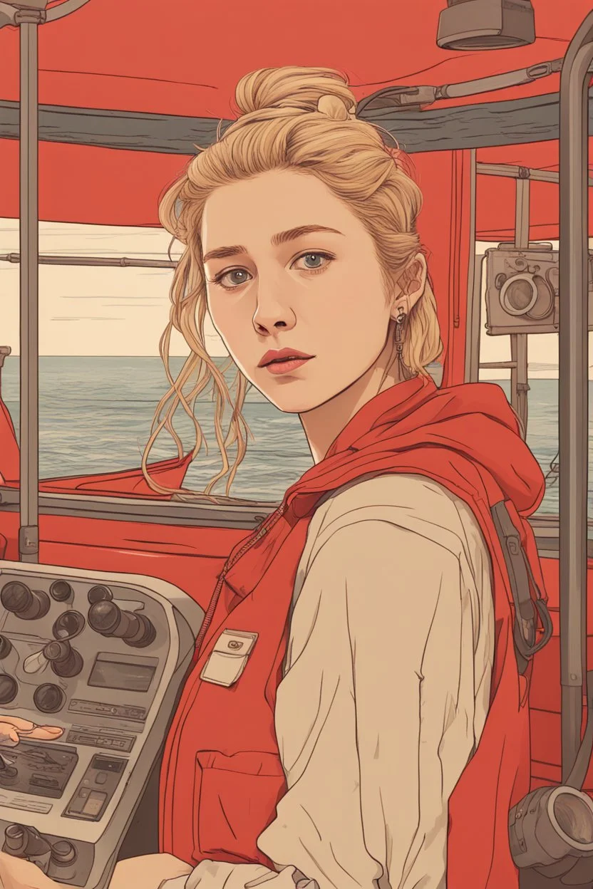 23 years old girl, with blond hair and a messy bun like selah sue. standing on in a red boat, wearing red clothes and looking trough binoculars watching something in the middle of the sea. You see the whole boat. You see the gril in front. It's a ferry. Wes anderson style. In front. Sarcastic vibe. Old school interior. she stands in the kitchen of the boat