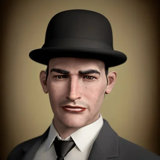 A portrait of a 1930s businessman with a black bowler hat and a suit. He has a double chin.