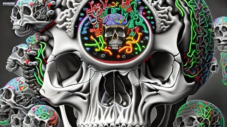 hundreds of anatomically correct, human skulls stacked into a wall unusual neon lighting, high octane, 64k, dystopian, vray, a picture of a dark, comedic, anatomically correct wall of colorful tightly packed skulls of varying sizes and expressions, photo-realistic, insanely meticulous, highly detailed,, 64k, dystopian, vray